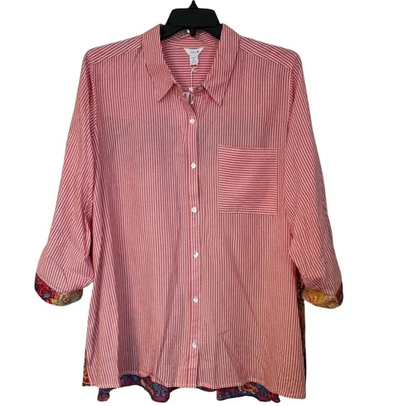 Intro Peach & White Striped Button-Up 3/4 Roll Tab Sleeve Boho Size 3X - Picture 2 of 16